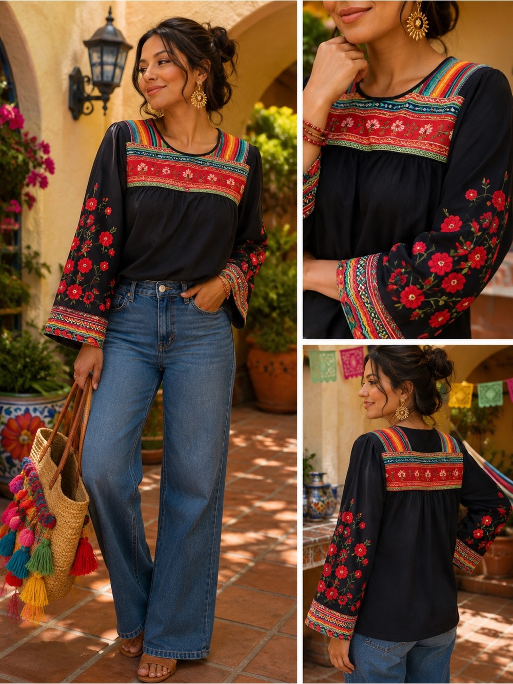 Source Unknown Black Top with Red & Multicolor Embroidered Accents